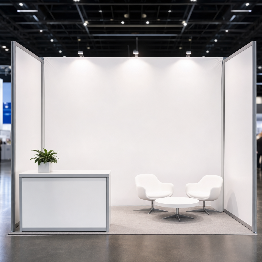 A blank tension-fabric back wall and rigid side panels forming a trade show booth under even lighting